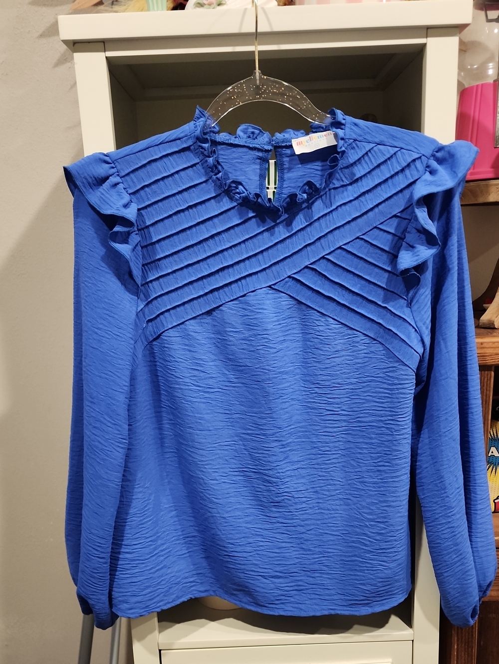 Ruffled Pintuck Long-Sleeve Blouse in Cobalt Blue